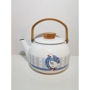Vintage B&D 80's Enamel Goose Blue Ribbon Tea Kettle Cottagecore Grannycore
